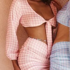 Revolve x VDM The Label Jemma Crop Tie Front Cover Up Pink Gingham Sz S